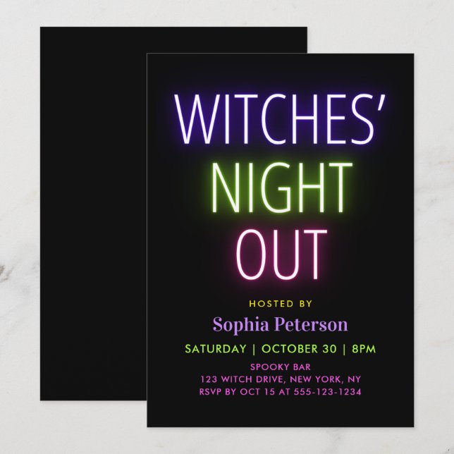 Invitation Soirée des Sorcières Halloween Fête Neon (Devant / Derrière)