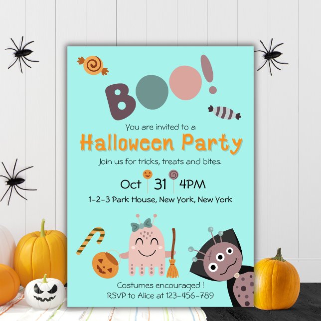Invitation Soirée d'Halloween (Kids Halloween Party Invitation, Cute Monsters)