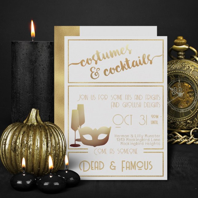 Invitation Soirée d'Halloween Adulte Elégante Or Blanc Modern (Elegant gold and white halloween costumes and cocktails invitations)
