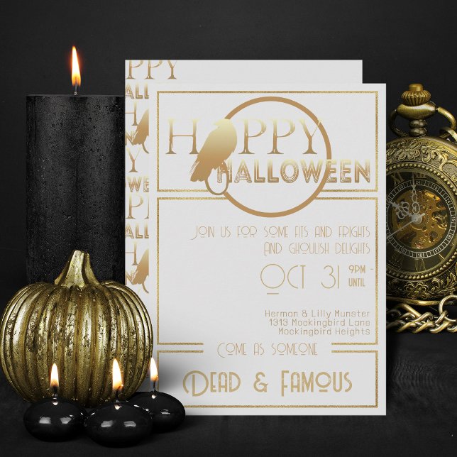 Invitation Soirée d'Halloween Adulte Elégante Or Blanc Modern (Elegant White And Gold Halloween Invitations)