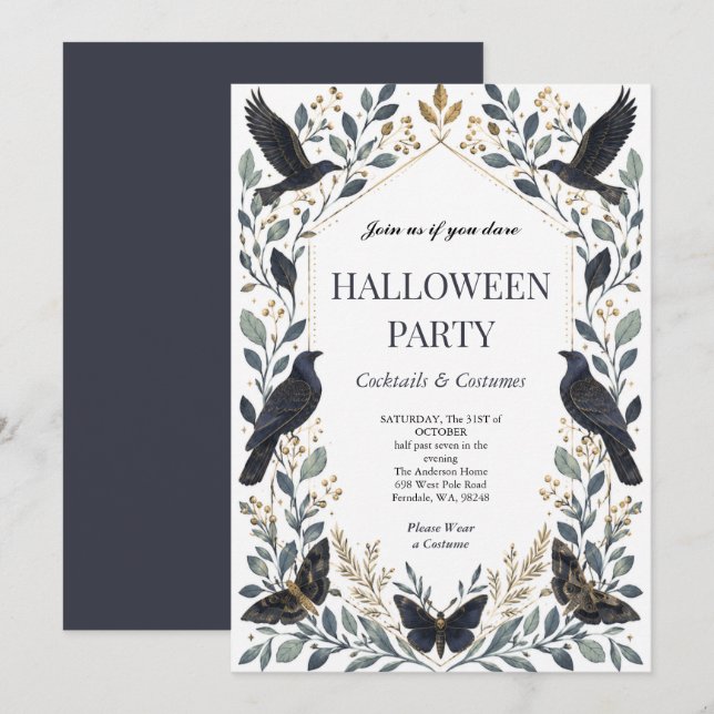 Invitation Soirée d'Halloween au Corbeau Élégant  (Devant / Derrière)
