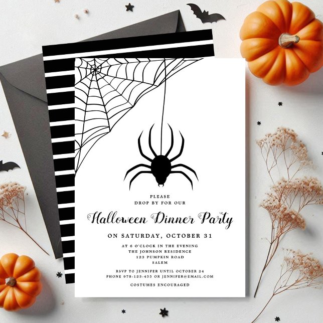 Invitation Soirée d'Halloween avec une jolie araignée noire (Cute Black Spider Halloween Dinner Party Invitation)