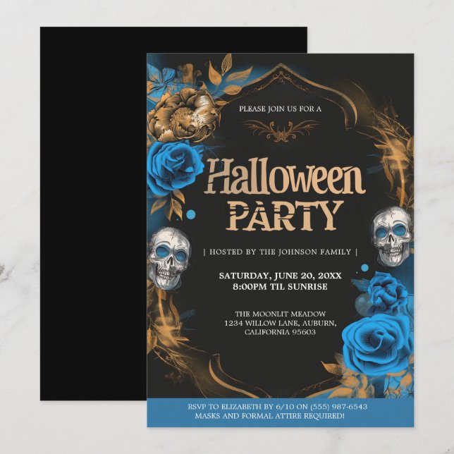Invitation Soirée d'Halloween Bleu & Or (Devant / Derrière)