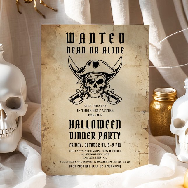 Invitation Soirée d'Halloween crâne de pirate vintage  (Vintage Pirate Skull Halloween Dinner Party Invitation)