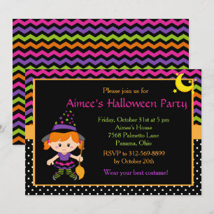 Invitation Soirée d'Halloween de fille sorcière mignonne