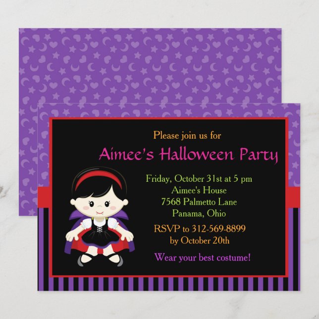 Invitation Soirée d'Halloween de fille Vampire (Devant / Derrière)