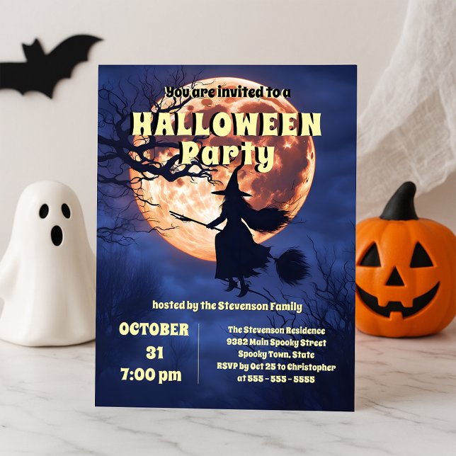 Invitation Soirée d'Halloween de pleine lune de sorcière vola (Créateur téléchargé)