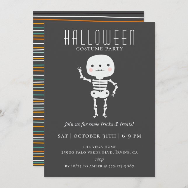 Invitation Soirée d'Halloween de Squelette mignon (Devant / Derrière)
