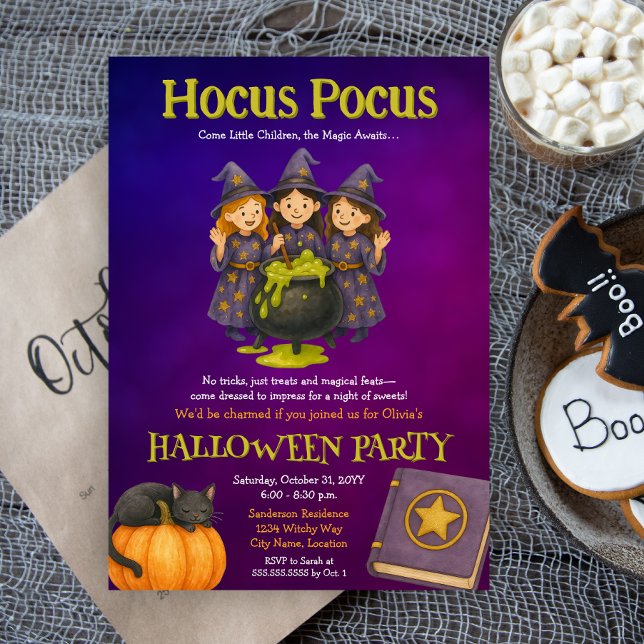 Invitation Soirée d'Halloween des enfants Hocus Pocus (Fun witches Halloween costume party invitation for kids)