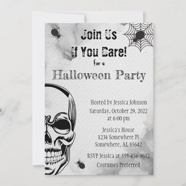 Invitation Soirée d'Halloween du crâne et des araignées (Devant)