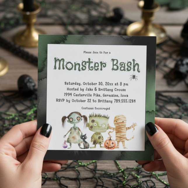 Invitation Soirée d'Halloween Éffrayante à trois monstres Bas (Créateur téléchargé)