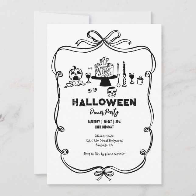 Invitation Soirée d'Halloween en noir et blanc (Devant)