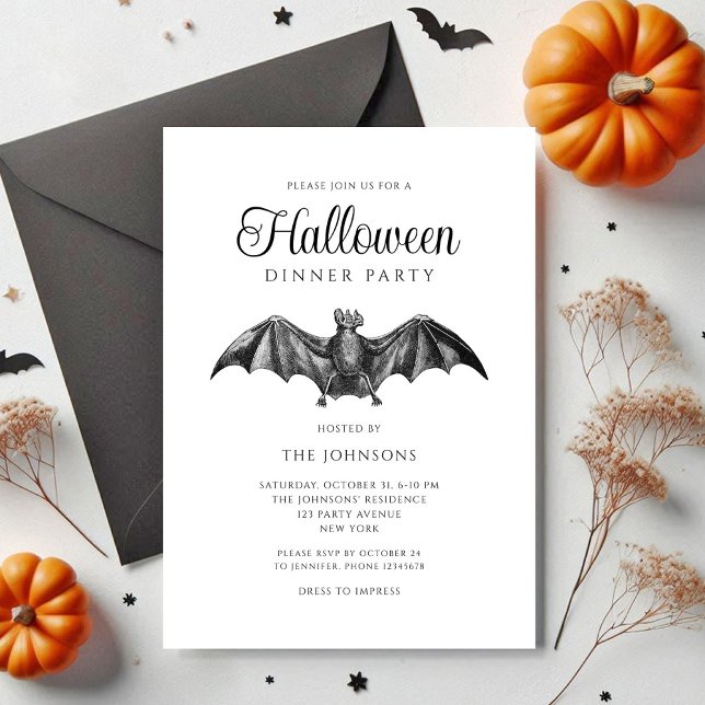 Invitation Soirée d'Halloween gothique noir élégant (Elegant Black Gothic Bat Dinner Party Halloween Invitation)