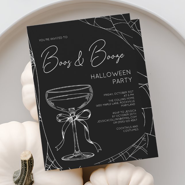 Invitation Soirée d'Halloween pour adultes avec écriture noir (Boos and Booze Black Script Adult Halloween Party Invitation)