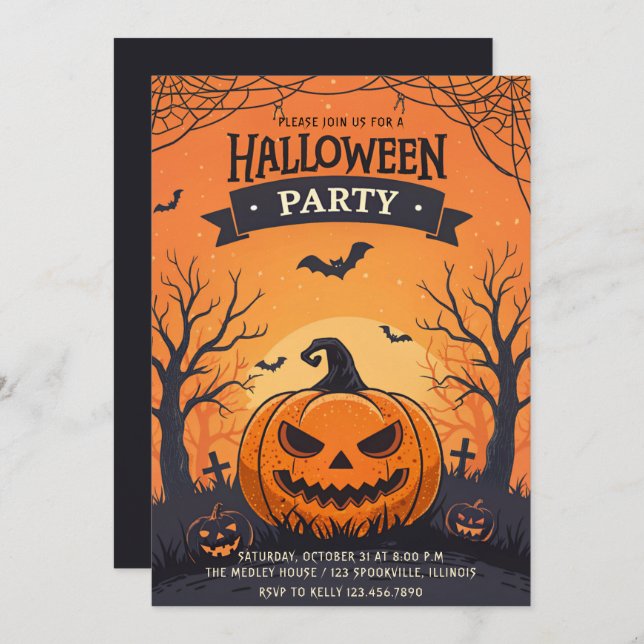 Invitation Soirée d'Halloween pour enfants avec Jack-O-Lanter (Devant / Derrière)