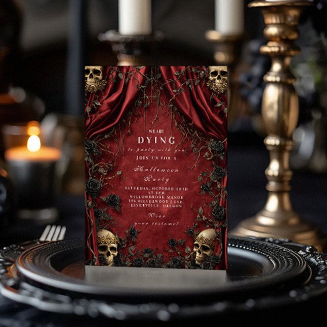 Invitation Soirée d'Halloween Rideau Rouge Gothique Crâne (Créateur téléchargé)
