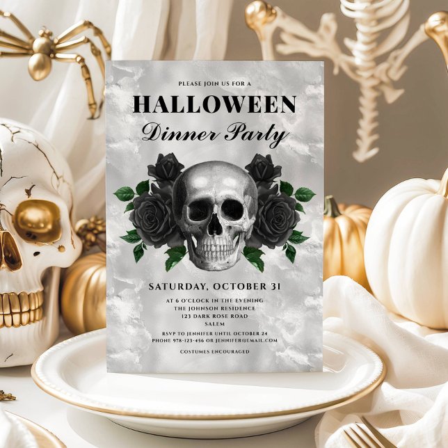Invitation Soirée d'Halloween Roses et crâne gothique noir (Gothic Black Roses & Skull Halloween Dinner Party Invitation)