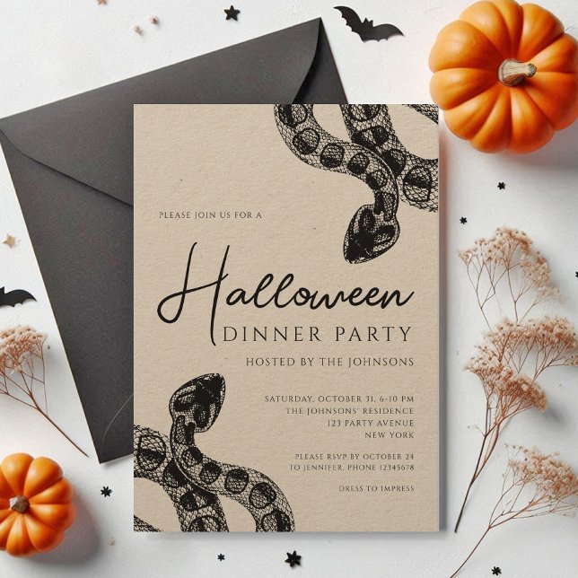 Invitation Soirée d'Halloween Soirée Soirée Soirée De Serpent (Elegant Black Snakes Dinner Party Halloween Invitation)