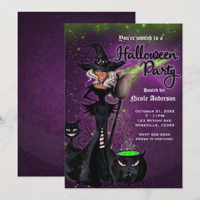Invitation Soirée d'Halloween Sorcière Glam en Noir Vert Viol (Devant / Derrière)