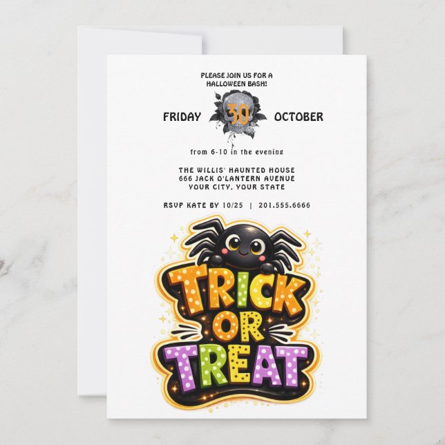 Invitation Soirée d'Halloween Trick or Treat avec une araigné (Devant)