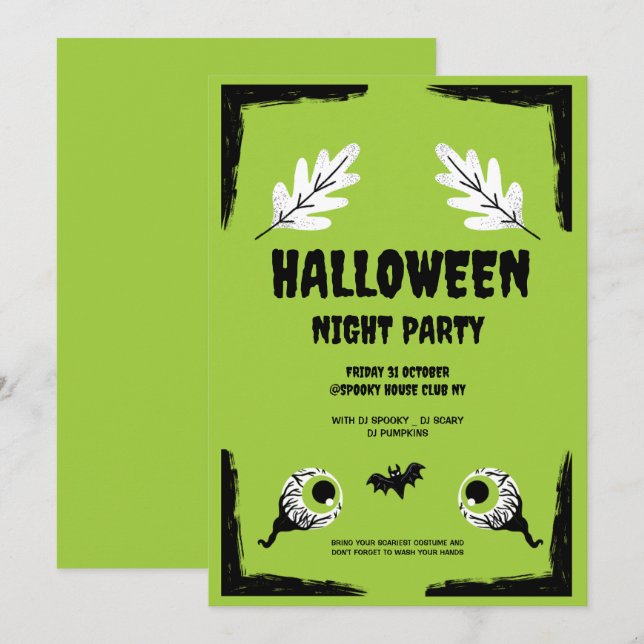 Invitation Soirée d'Halloween verte et noire, fête d'Hallowee (Devant / Derrière)