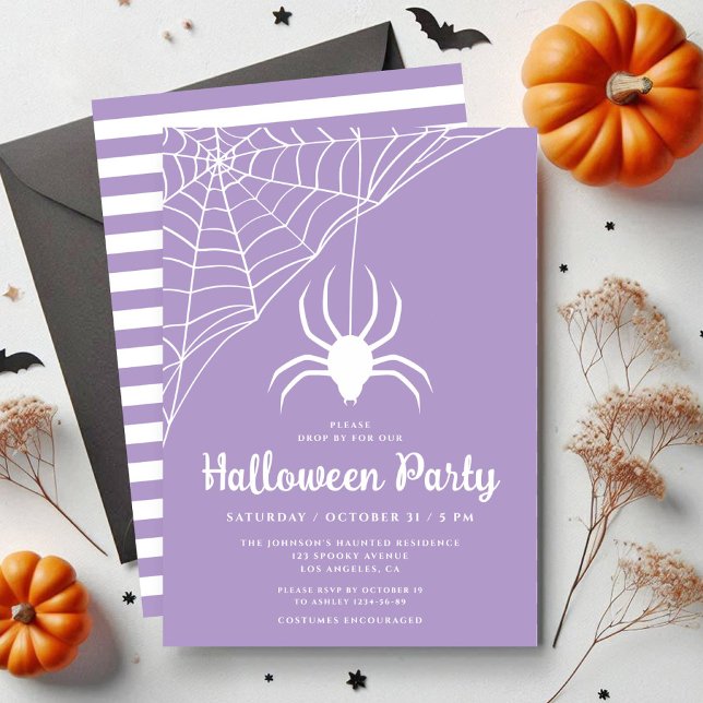 Invitation Soirée d'Halloween violette mignonne (Cute Purple Spider Halloween Party Invitation)