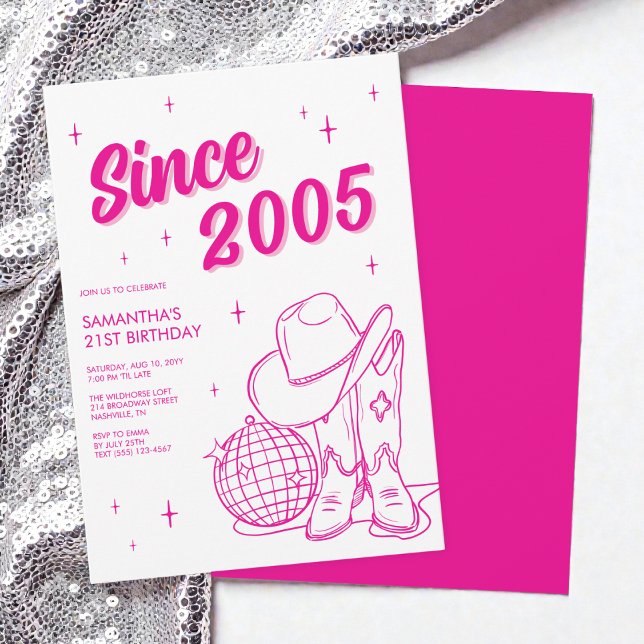 Invitation Soirée disco rose de l'Ouest pour 21 ans (Western Country Pink Disco 21st Birthday Party Invitation)