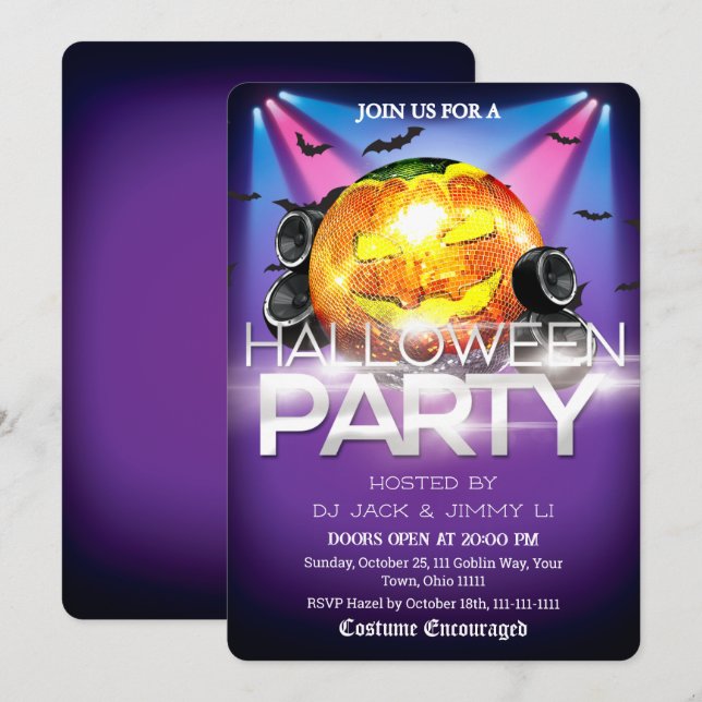 Invitation Soirée DJ Halloween Boule Disco Citrouille Épouvan (Devant / Derrière)
