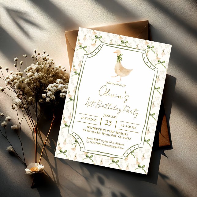 Invitation Soirée d'oie rime fête d'anniversaire (Goose nursery rhymes birthday party invitation template silly goose party invite sage green ribbon)