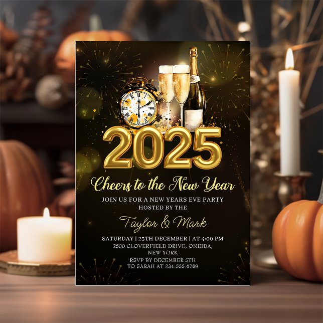 Invitation Soirée du Nouvel An 2025 Champagne d'or noir (Créateur téléchargé)