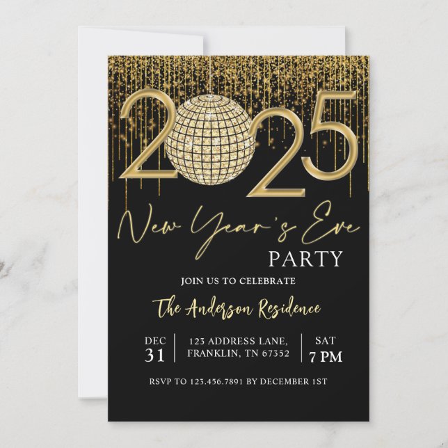 Invitation Soirée du Nouvel An 2025 Gold Parties scintillant  (Devant)