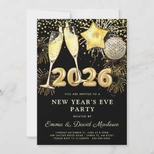 Invitation Soirée du Nouvel An 2026 Moderne Noir Or