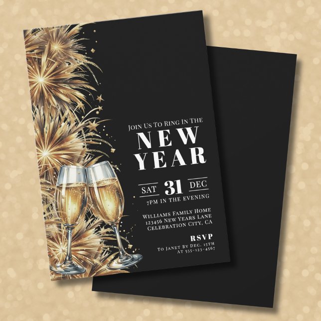 Invitation Soirée du Nouvel An au Champagne Or Noir Moderne (Modern Black Gold Champagne New Year's Eve Party Invitation)