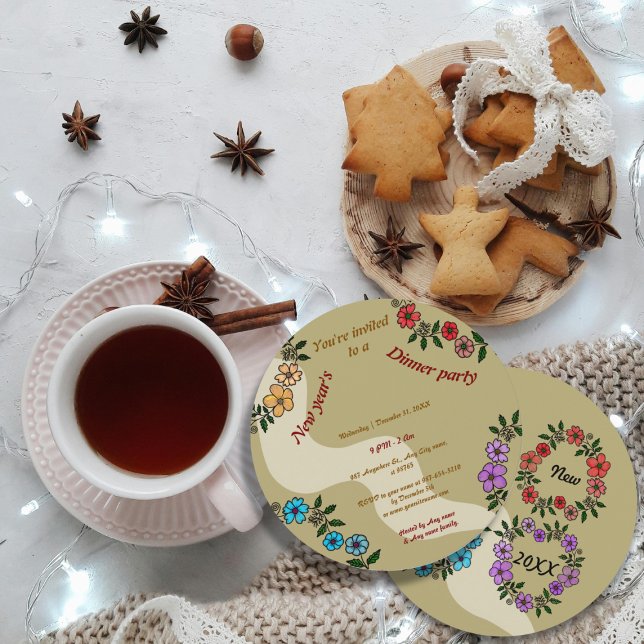 Invitation Soirée du Nouvel An beige avec couronne de fleurs (Créateur téléchargé)