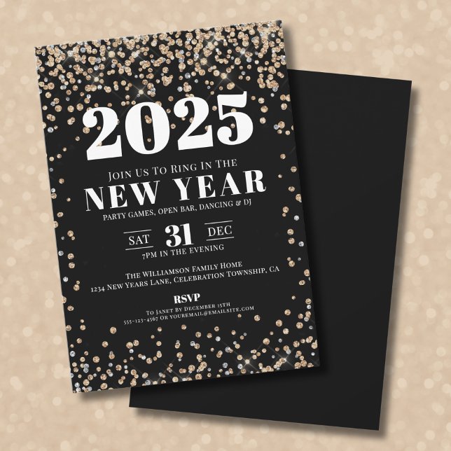 Invitation Soirée du Nouvel An Black Gold (Black Gold New Year's Eve Party Invitation)