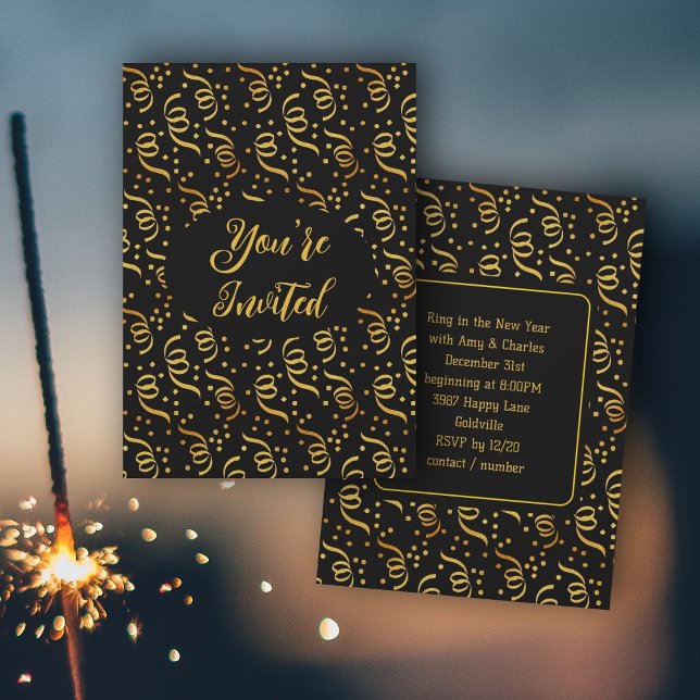 Invitation Soirée du Nouvel An Black n Gold Confetti (Créateur téléchargé)