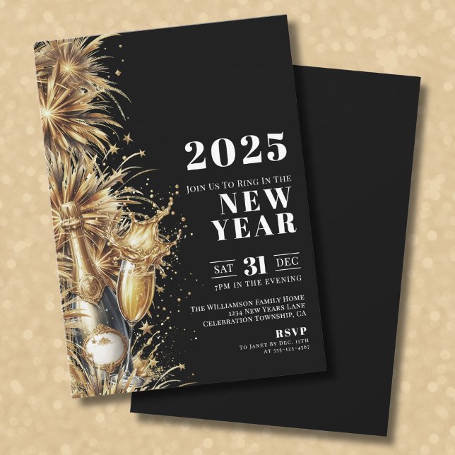 Invitation Soirée du Nouvel An Champagne Or Noir (Black Gold Champagne New Year's Eve Party Invitation)