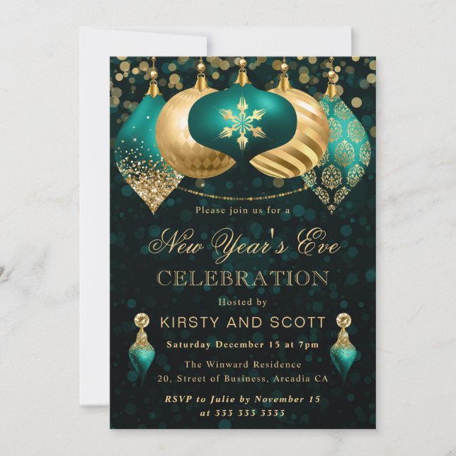 Invitation Soirée du Nouvel An élégante sarcelle et or (Devant)