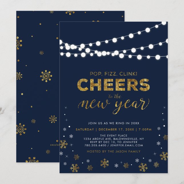 Invitation Soirée du Nouvel An en Or, Fête de fin d'année d'e (Devant / Derrière)
