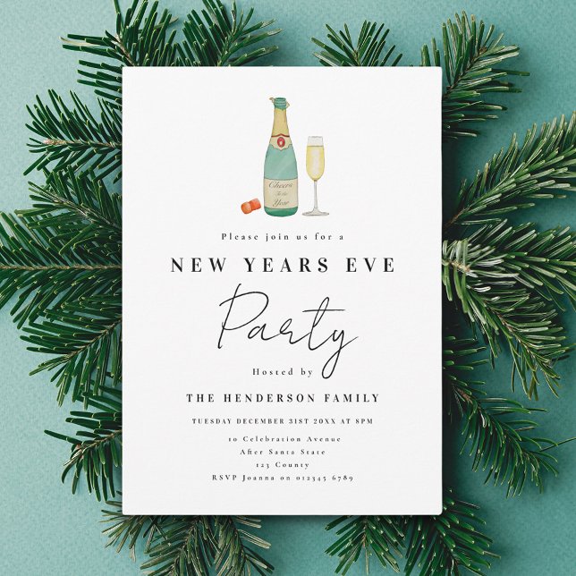 Invitation Soirée du Nouvel An minimaliste (Minimalist watercolor New Year’s Eve party invitation)