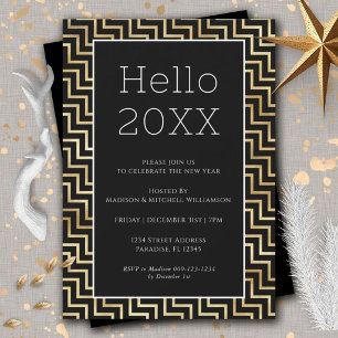 Invitation Soirée du Nouvel An Moderne Chevron Noir Or
