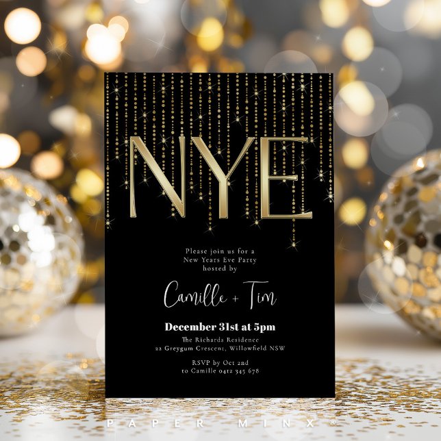 Invitation Soirée du Nouvel An Noir et Or (NYE party invitation in gold and black )