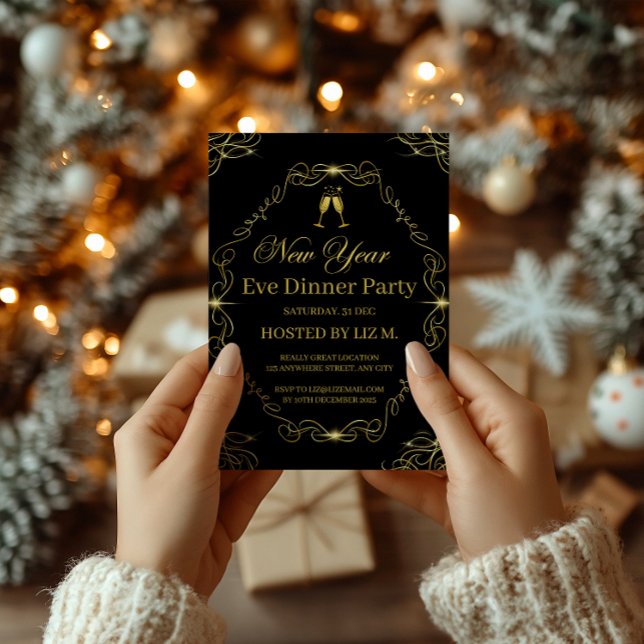 Invitation Soirée du Nouvel An Noir et Or Moderne (Modern Black-Gold New Year's Eve Party Invitation!)