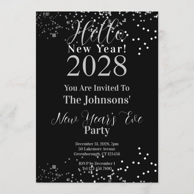 Invitation Soirée du Nouvel An Noir et Paillettes Argentées (Dos)