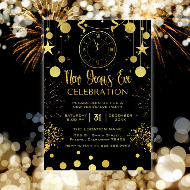 Invitation Soirée du Nouvel An Paillettes Noir & Or (new years eve party invitation)
