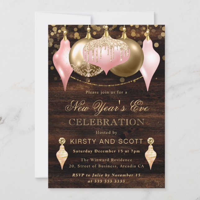Invitation Soirée du Nouvel An Rose Poudré et Or (Devant)