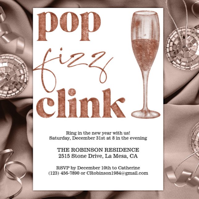 Invitation Soirée du Nouvel An Sparkle Rose Gold Cheers (Créateur téléchargé)