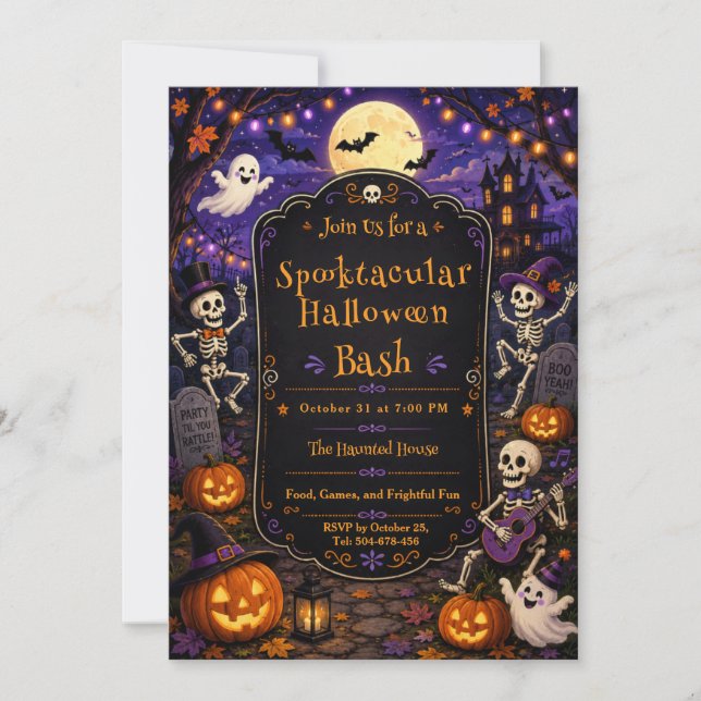 Invitation Soirée effrayante d'Halloween Fête de squelette de (Devant)