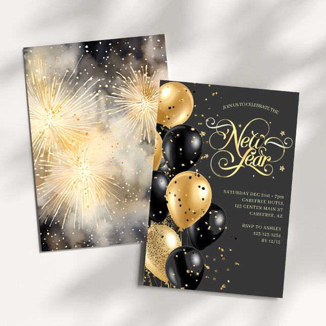 Invitation Soirée Elegant Black Gold New Years Eve Party (Créateur téléchargé)