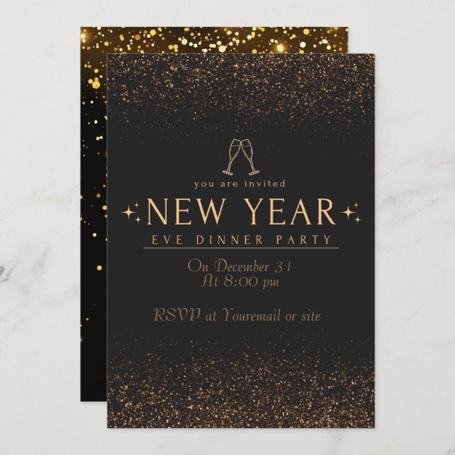 Invitation Soirée Elegant High End Gold Black New Years Eve P (Devant / Derrière)
